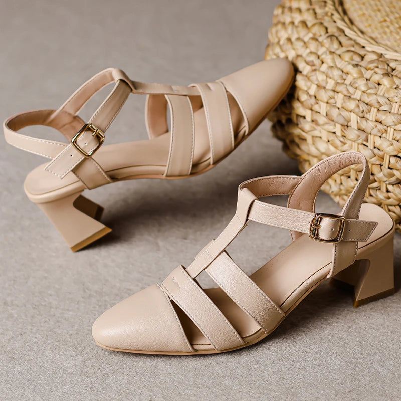 Damesandaler Summer Toe Casual Medium Heel Stropper Festsko - Beige