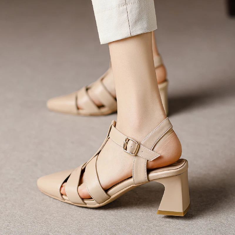 Damesandaler Summer Toe Casual Medium Heel Stropper Festsko - Beige