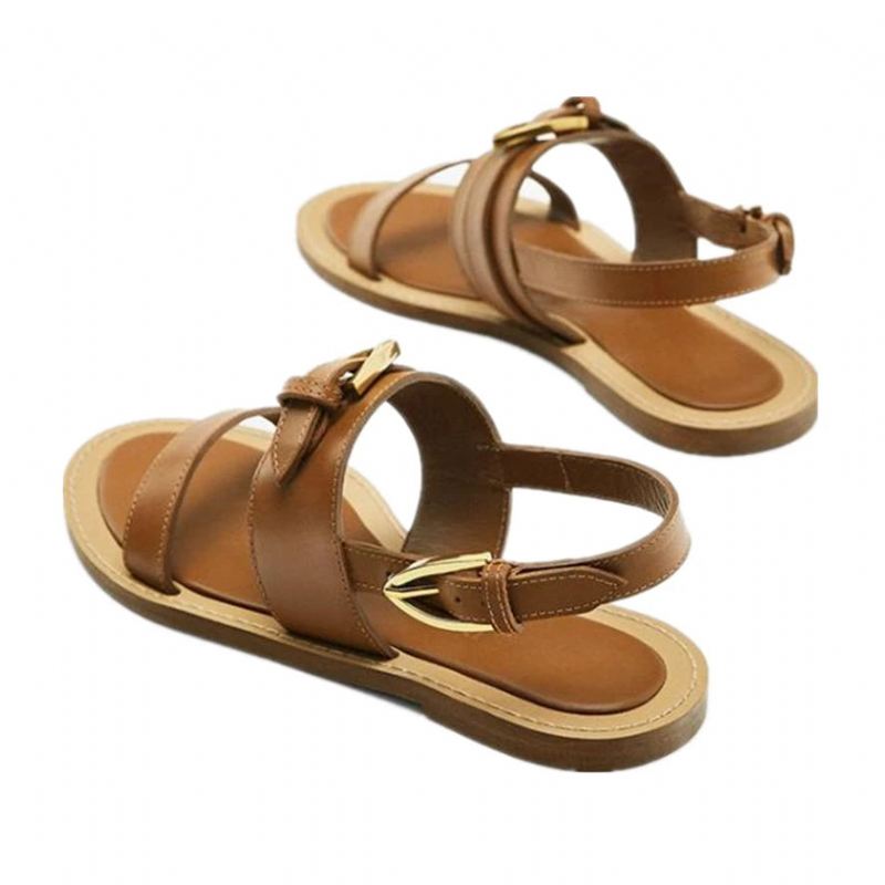 Franske Damer Flate Sandaler I Ekte Skinn Sommer Elegante Casual For Kvinner - Brun