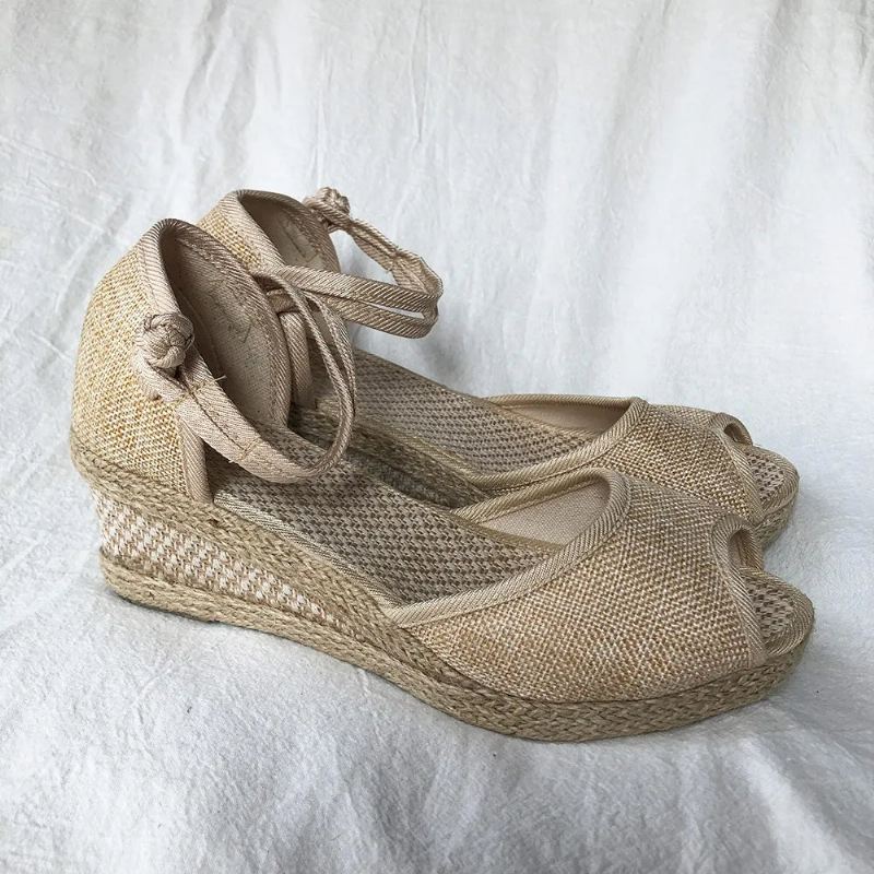 Håndlagde Kvinner Vanlig Lin Peep Toe Sandaler Plattform 5 cm Hæl Komfort Bohemian Dame Sommersko - Beige