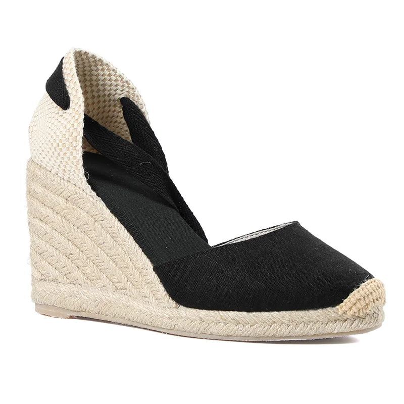 Kvinner Sommer Espadrille Heel Wedge Sandaler Lukket Tå Sko Kryssbundet Snøring - 9Cm Svart