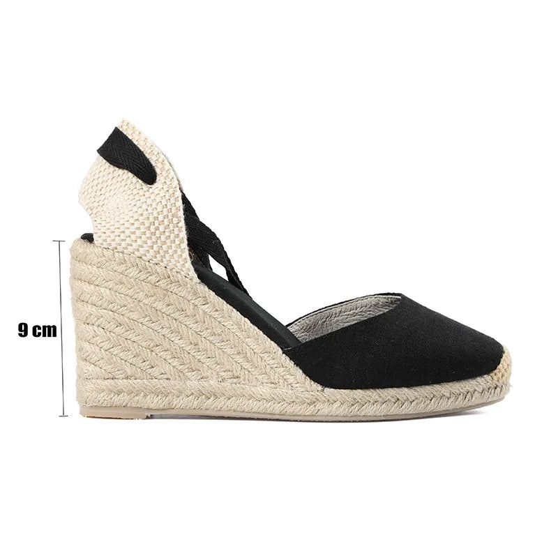 Kvinner Sommer Espadrille Heel Wedge Sandaler Lukket Tå Sko Kryssbundet Snøring - 9Cm Svart