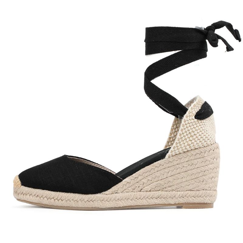 Kvinner Sommer Espadrille Heel Wedge Sandaler Lukket Tå Sko Kryssbundet Snøring - 9Cm Svart