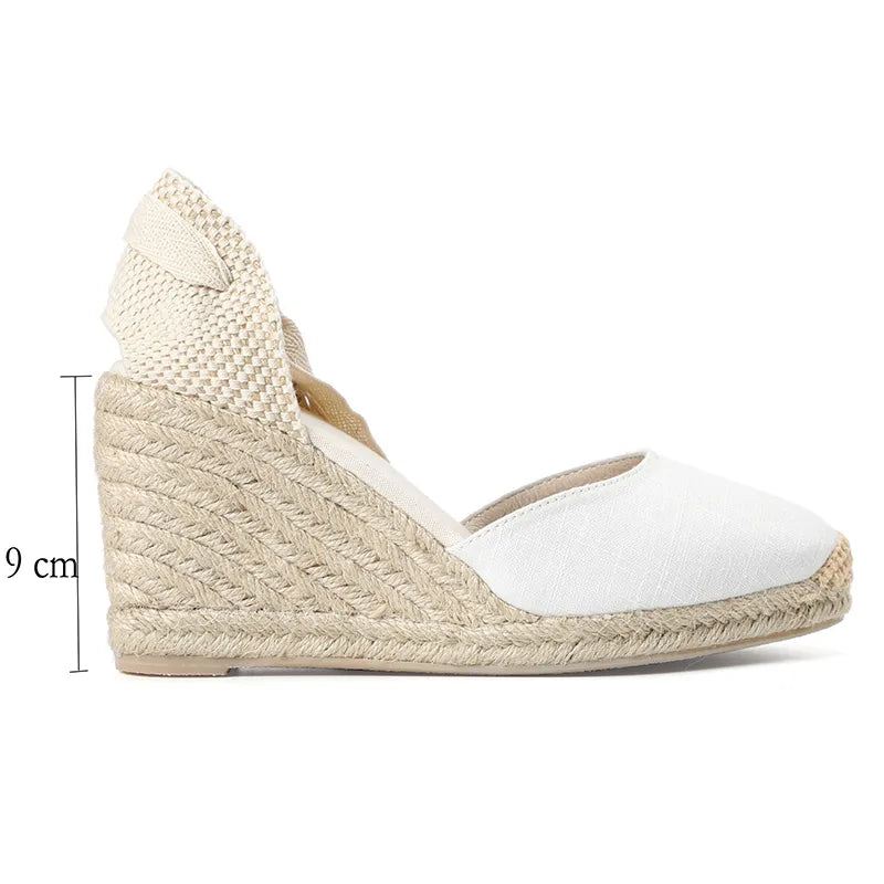 Kvinner Sommer Espadrille Heel Wedge Sandaler Lukket Tå Sko Kryssbundet Snøring - 9Cm Svart