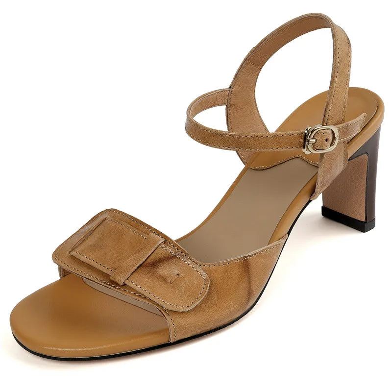 Vintage Skinnsandaler Damespenne Sommersandaler Tykke Høye Hæler Slingbacks Damesandaler - Khaki